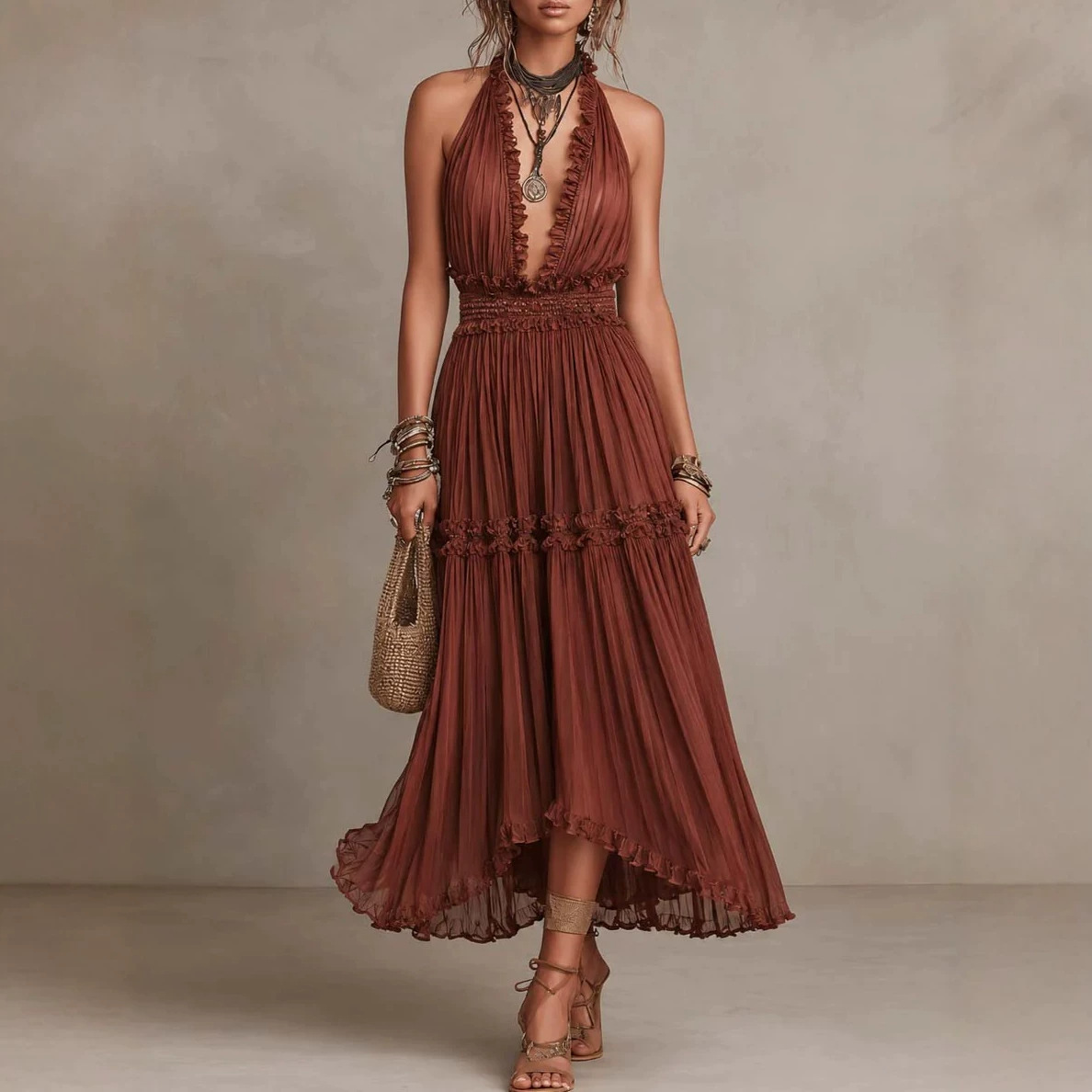 Lace V-Neck High-Waist Long Dress
