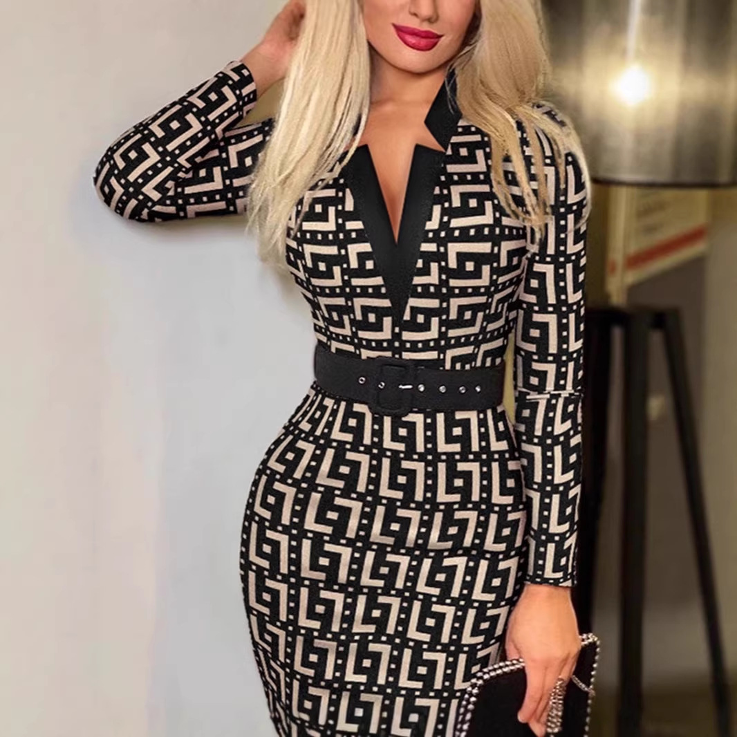 Plaid V-Neck Bodycon Long Sleeve Dress with Belt
