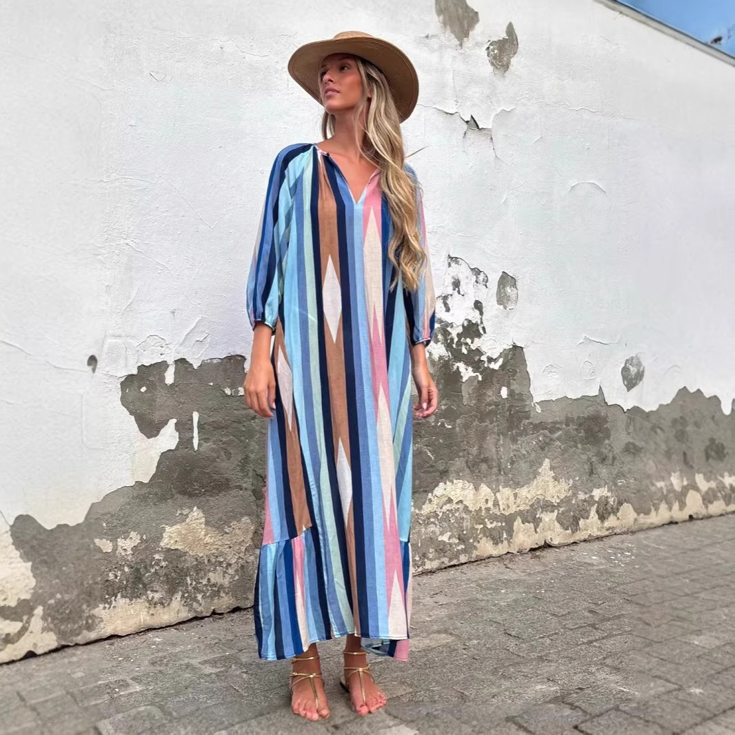 V-Neck Floral Print Loose A-Line Midi Dress Ice Silk Crinkle