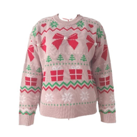 Pink Sweet Knit Pullover Sweater with Pearl Bow Christmas Jacquard