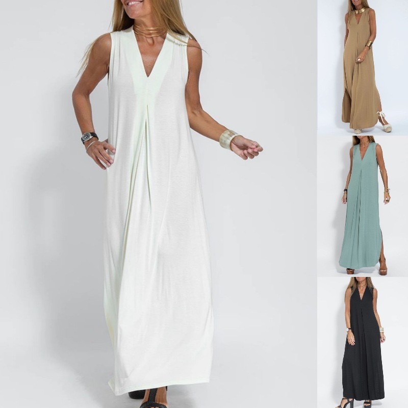 Solid V-Neck Sleeveless Dress and Cardigan Set
