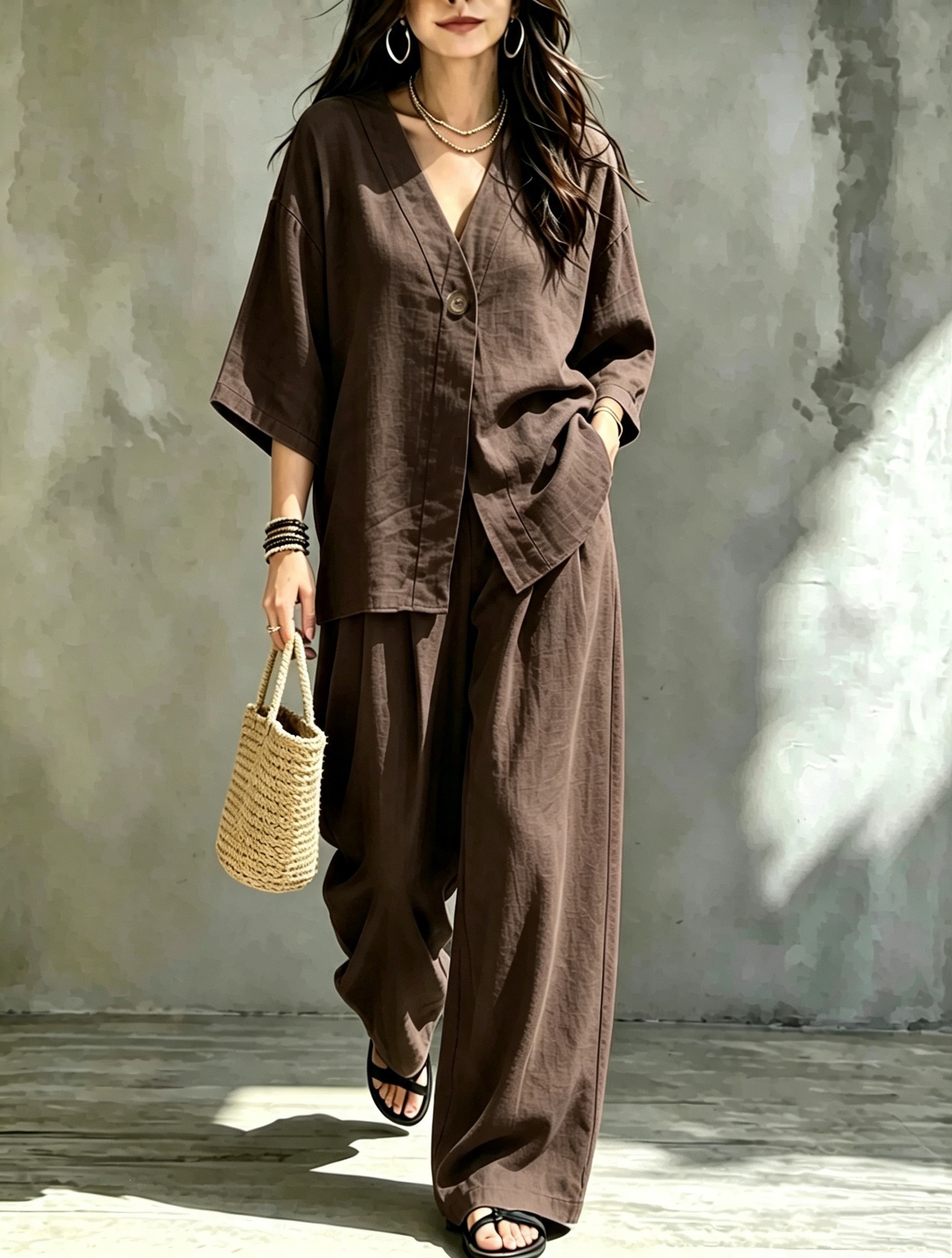 Women's V-Neck One-Button Loose Long-Sleeve Top & High-Waist Suit Pants Two-Piece Set