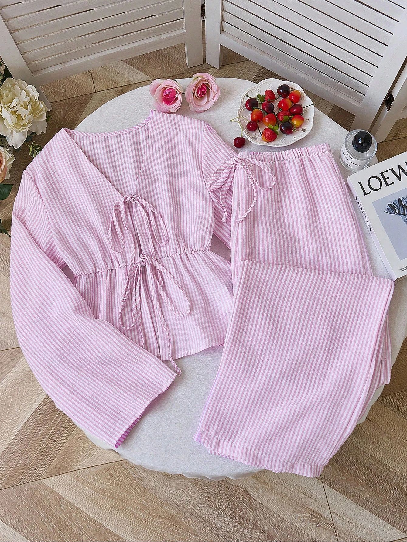 Striped Tie-Front Long-Sleeve Two-Piece Pants Set