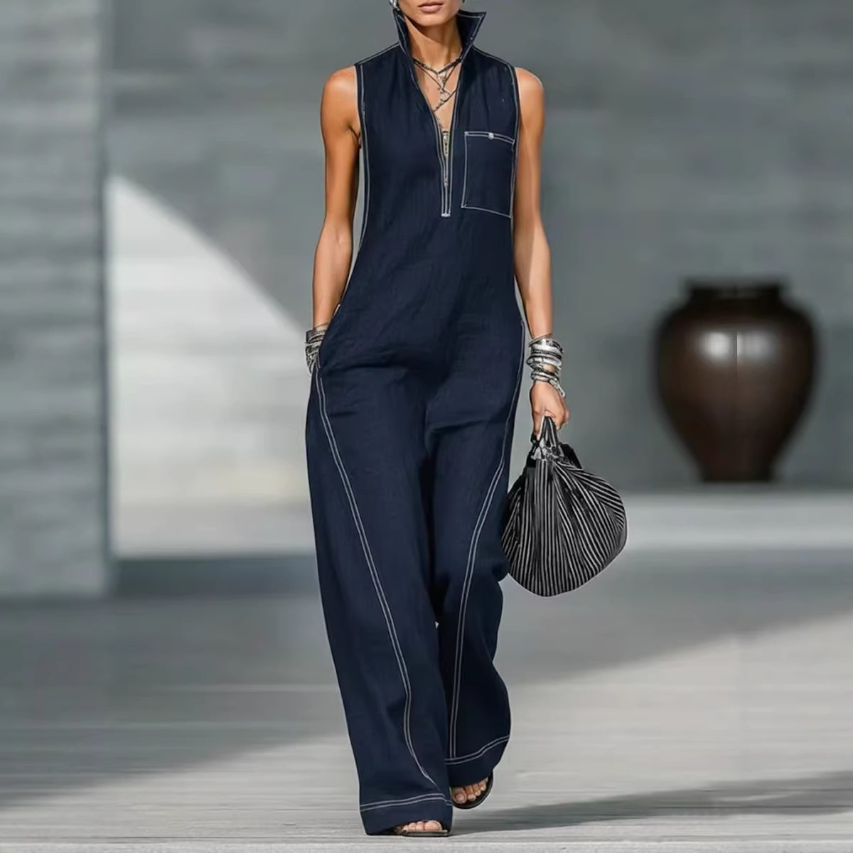 Women's Sleeveless Stand Collar Loose Cotton-Linen Jumpsuit
