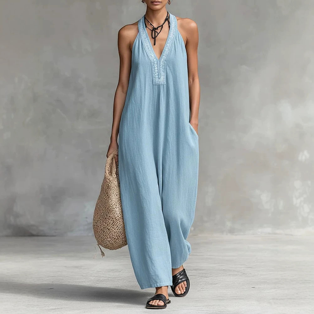 Women's V-Neck Halter Printed Jumpsuit Casual Vacation Sleeveless