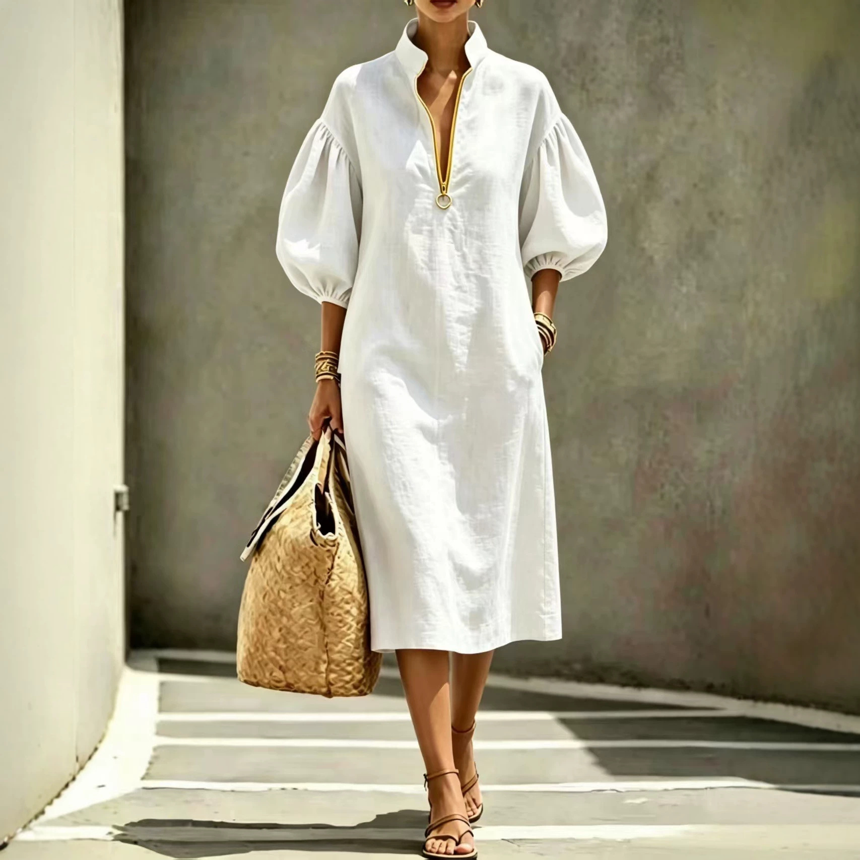 Women's Solid Color Loose Round Neck Zip Bubble Sleeve Dress