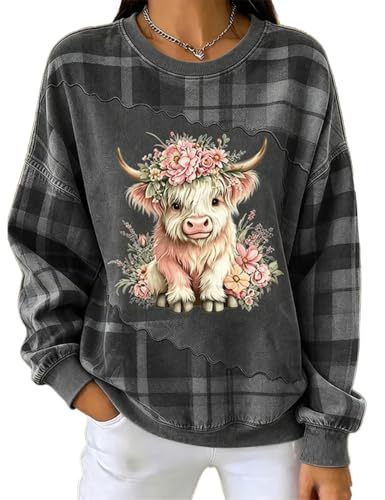 Women's Bull Head Floral Print Crewneck Sweatshirt Casual Pullover