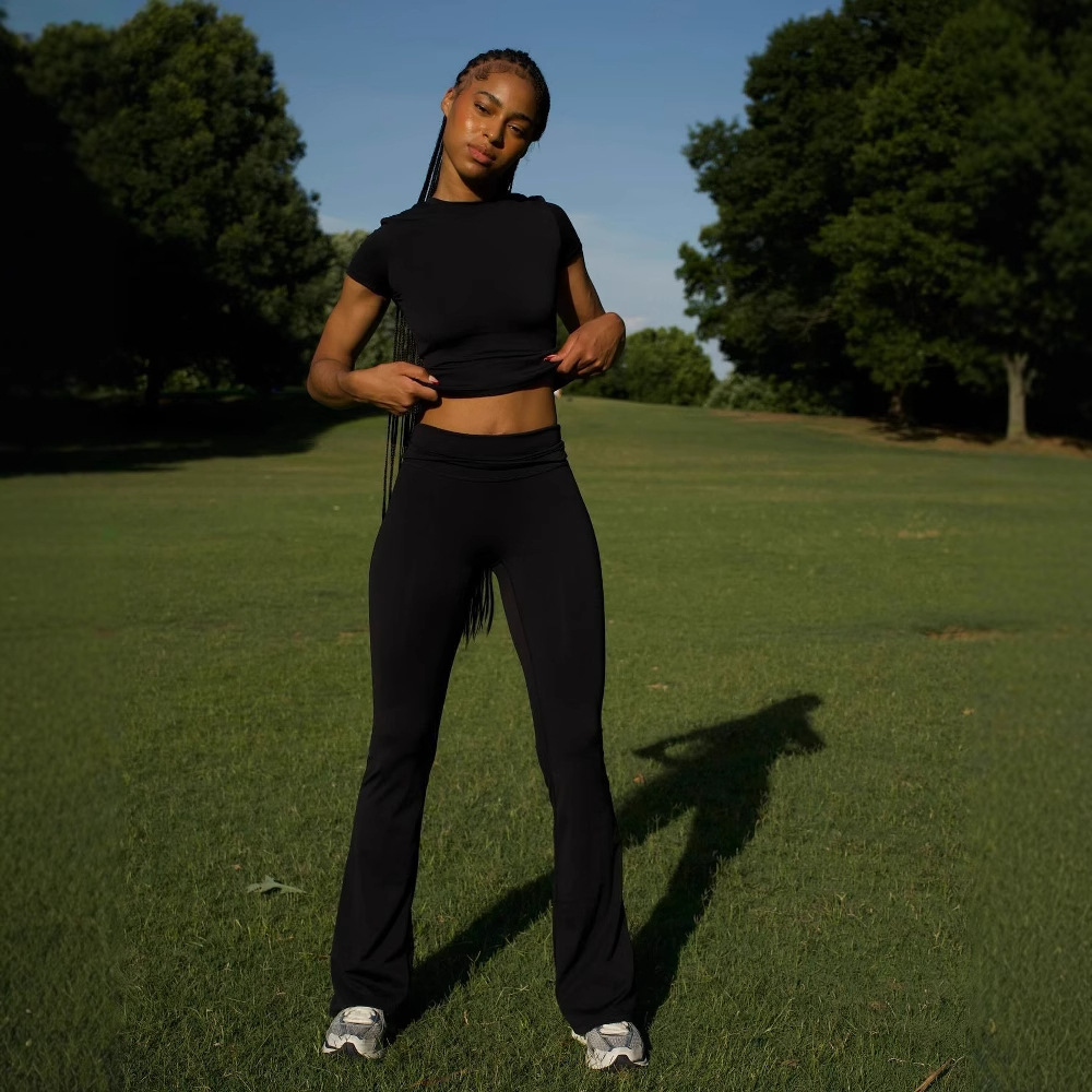 Women's Casual Solid Color Slim Fit Short Sleeve Long Pants Set