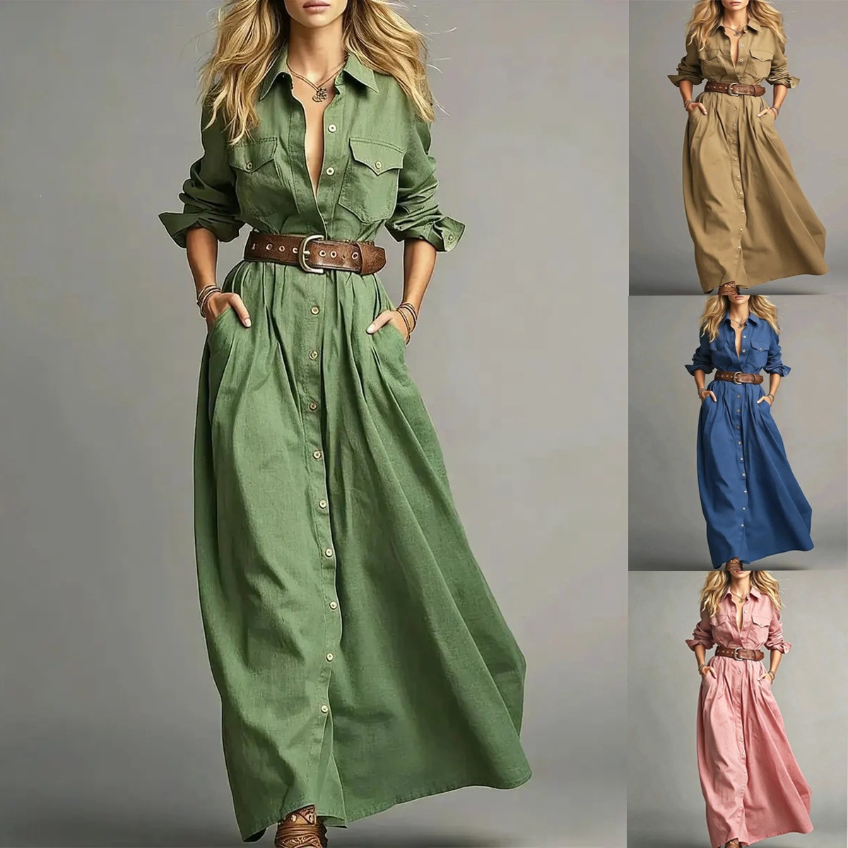 Women's Solid Color Long Sleeve Button-Front Shirt Dress