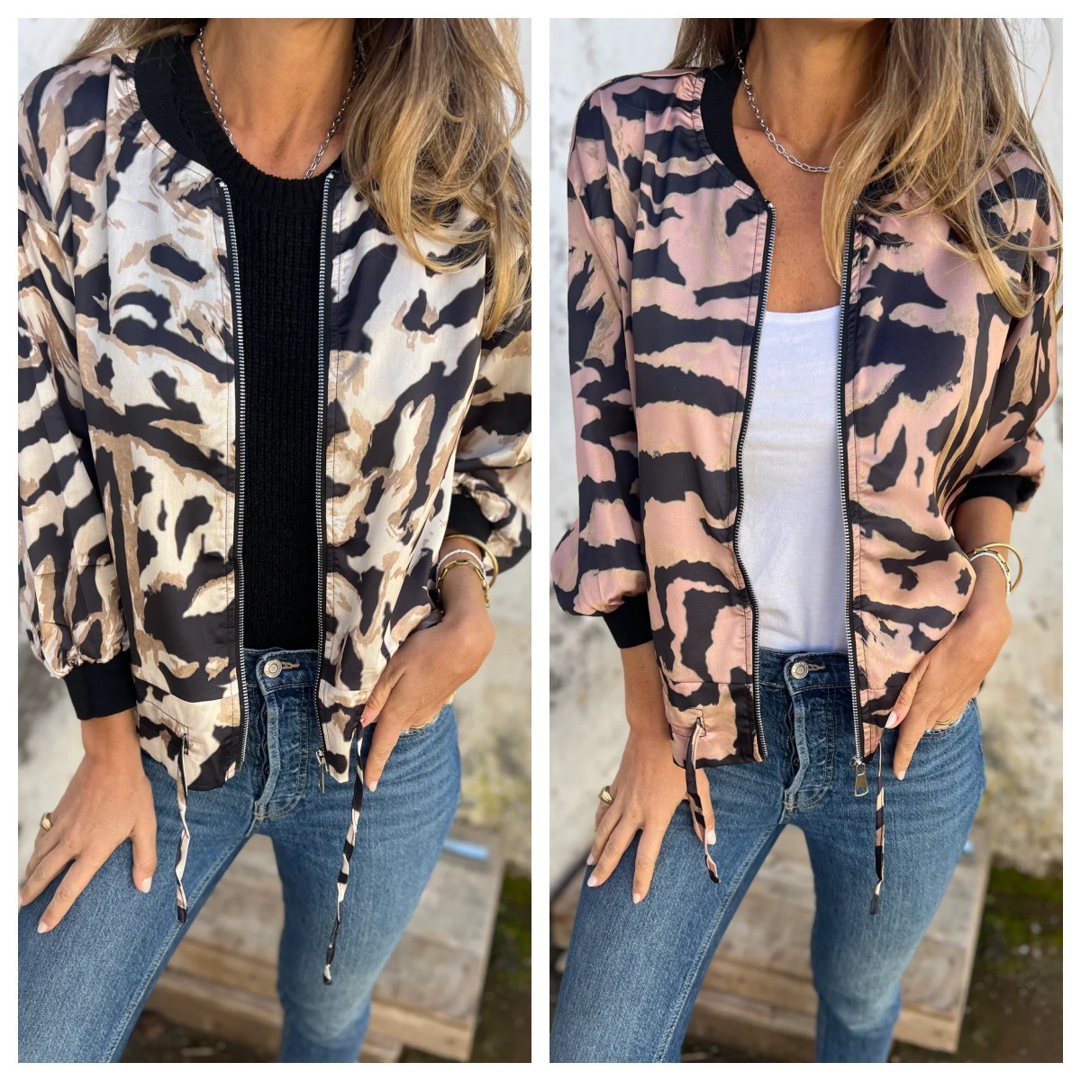 Women's Zip-Up Bomber Jacket Animal Print Casual