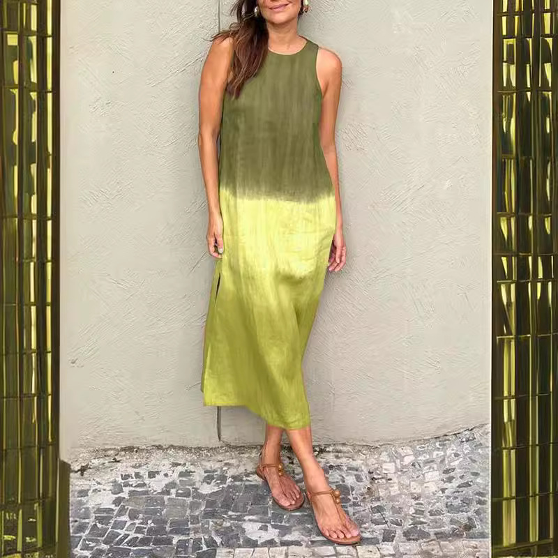 Women's Sleeveless Cotton Linen Gradient Dress Casual Split A-Line Midi