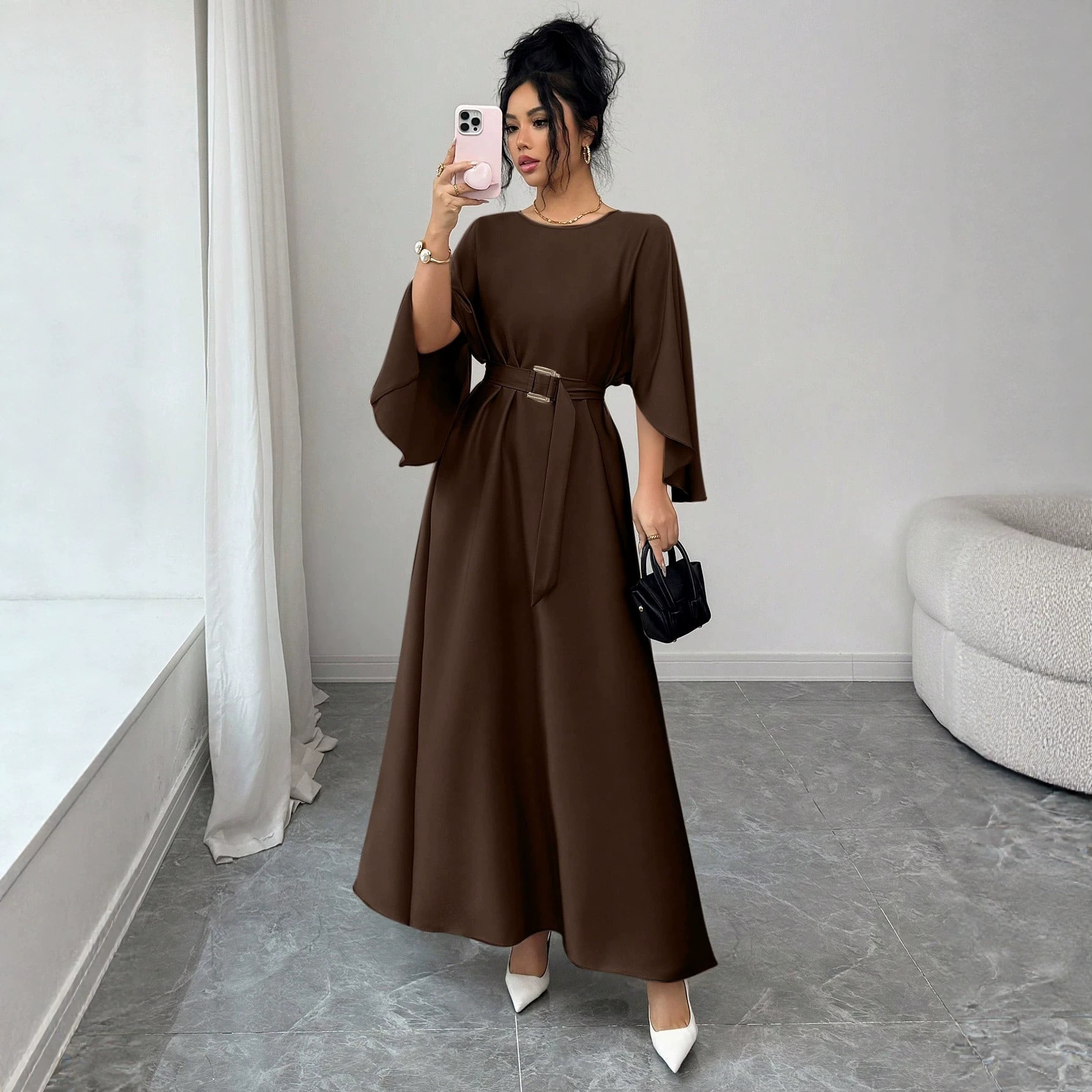 Women's Round Neck Tie-Waist Long Dress with Batwing Sleeves Solid Color