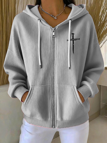 Women's Cross Print Ribbed Hoodie Long Sleeve Crew Neck Zip Up
