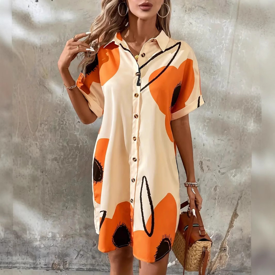 Floral Print Short Sleeve Shirt Dress Casual Women's Long Dress
