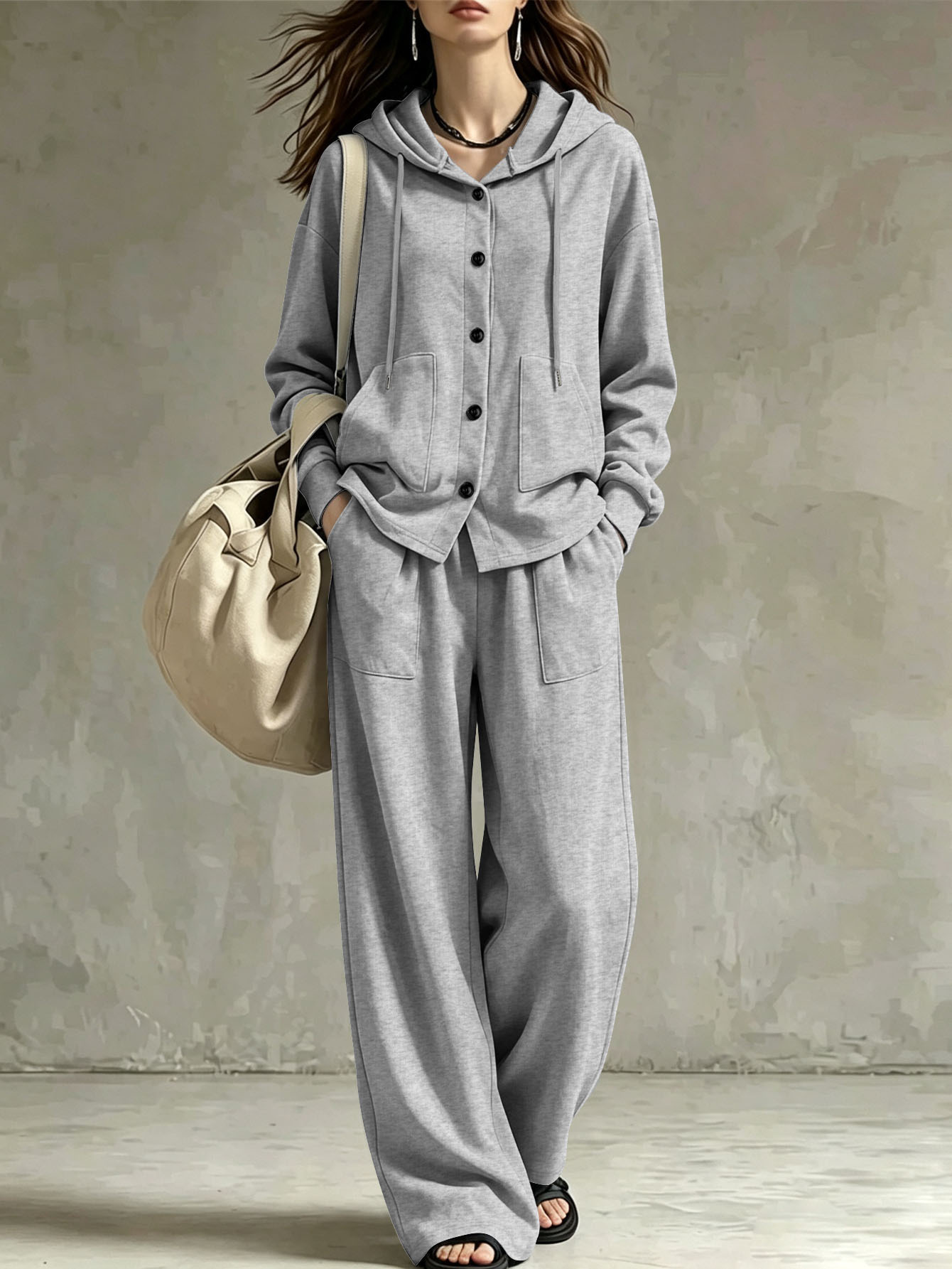 Women's Loose Hooded Cardigan and Wide-Leg Pants Two-Piece Set