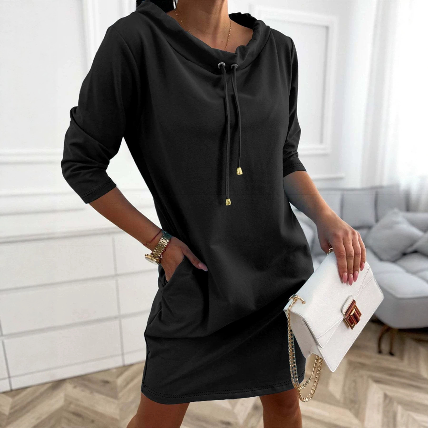 Women's Casual Hooded Sweatshirt Dress with Drawstring Stand Collar