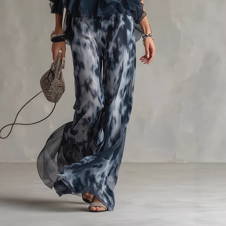 Elegant Navy Open-Back Top and Printed Wide-Leg Pants Set