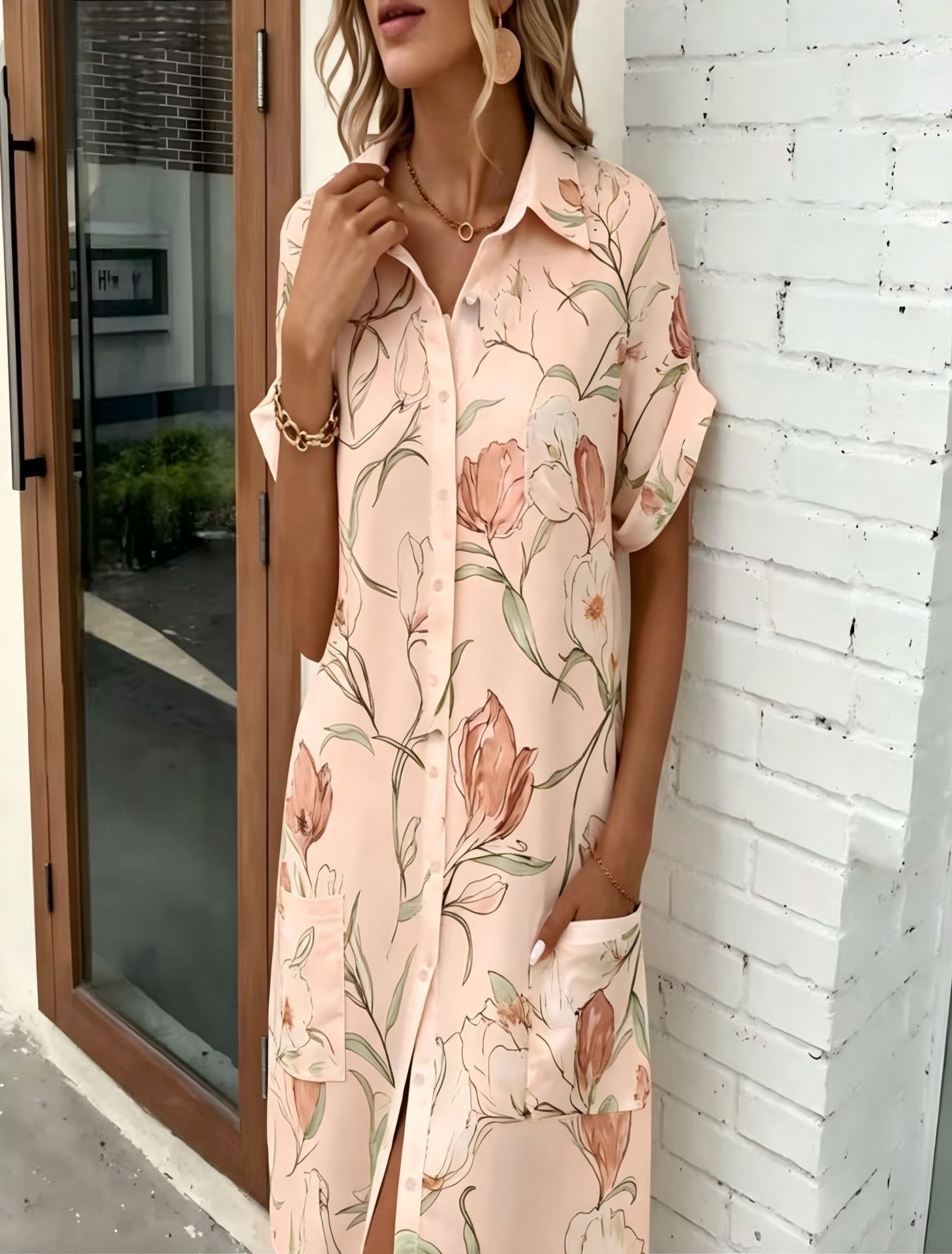 Women's Floral Print Midi Shirt Dress with 3D Digital Print