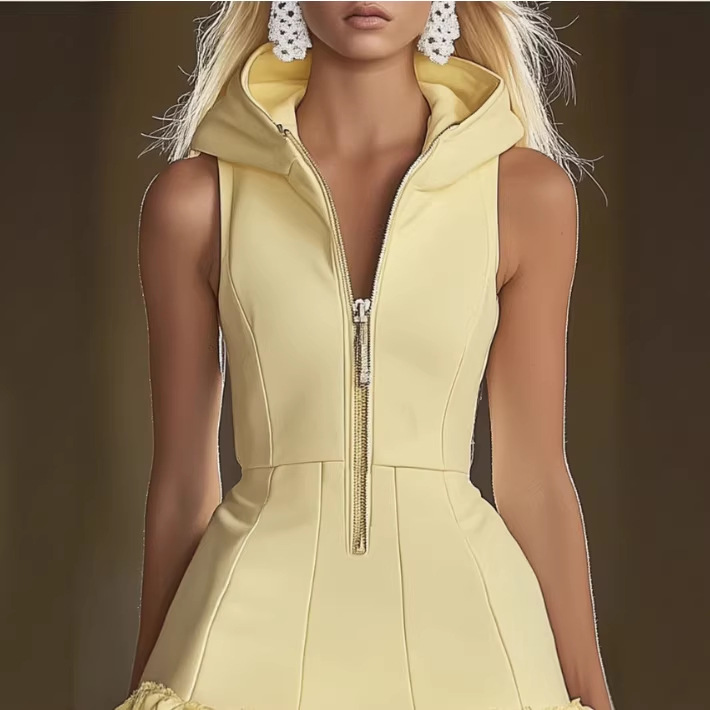 Yellow Hooded Sleeveless Mini Dress with Front Zip and Ruffle Trim