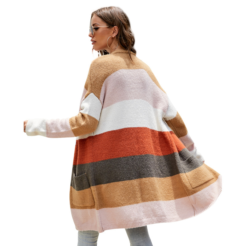 Color-Block Striped Long Knit Cardigan