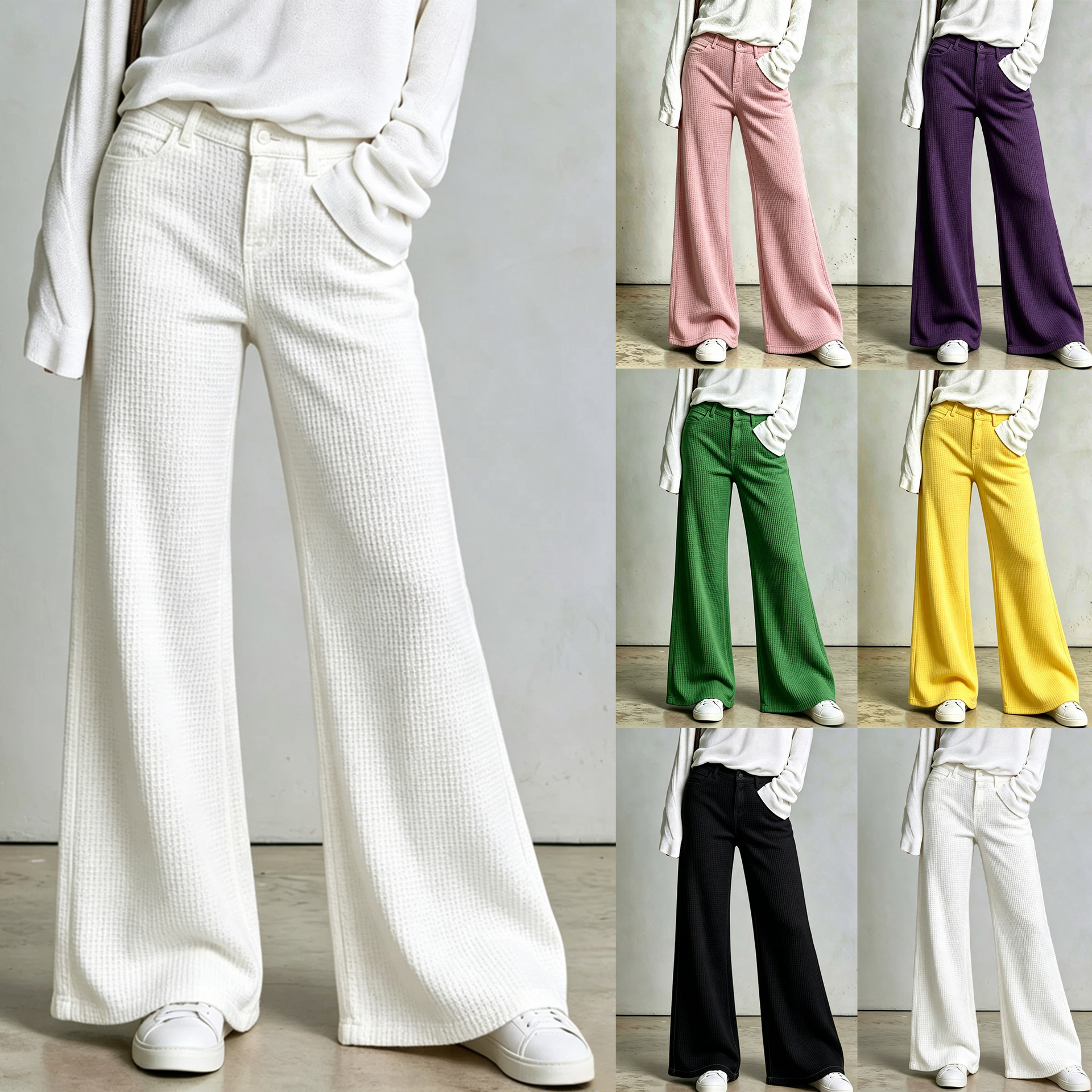 Waffle Knit High-Waist Straight-Leg Pants