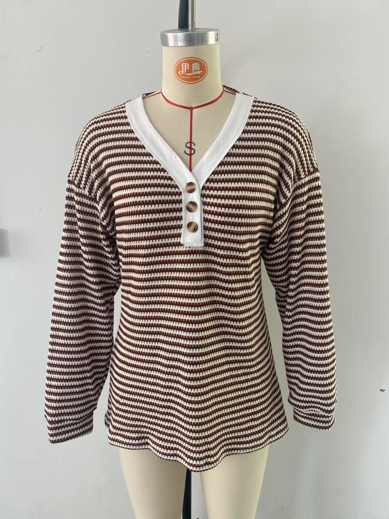 Women's V-Neck Button Pullover Colorblock Long-Sleeve Top