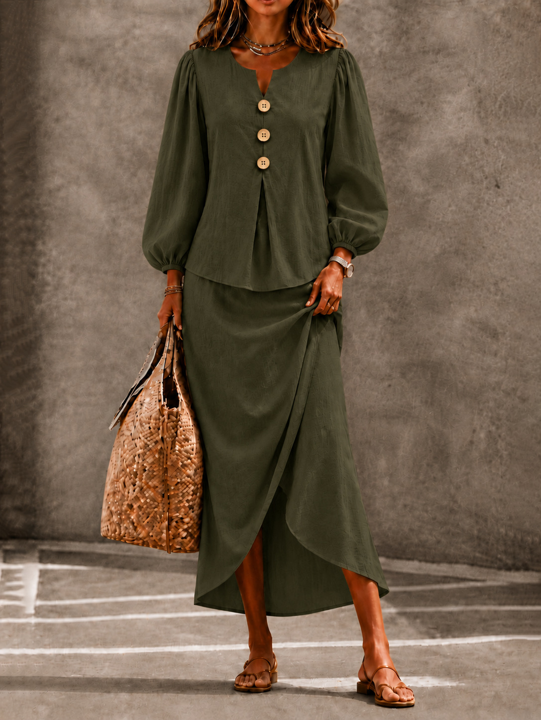 Women's Two-Piece Set with Round-Neck Button Top and Lantern Sleeves, Long Skirt