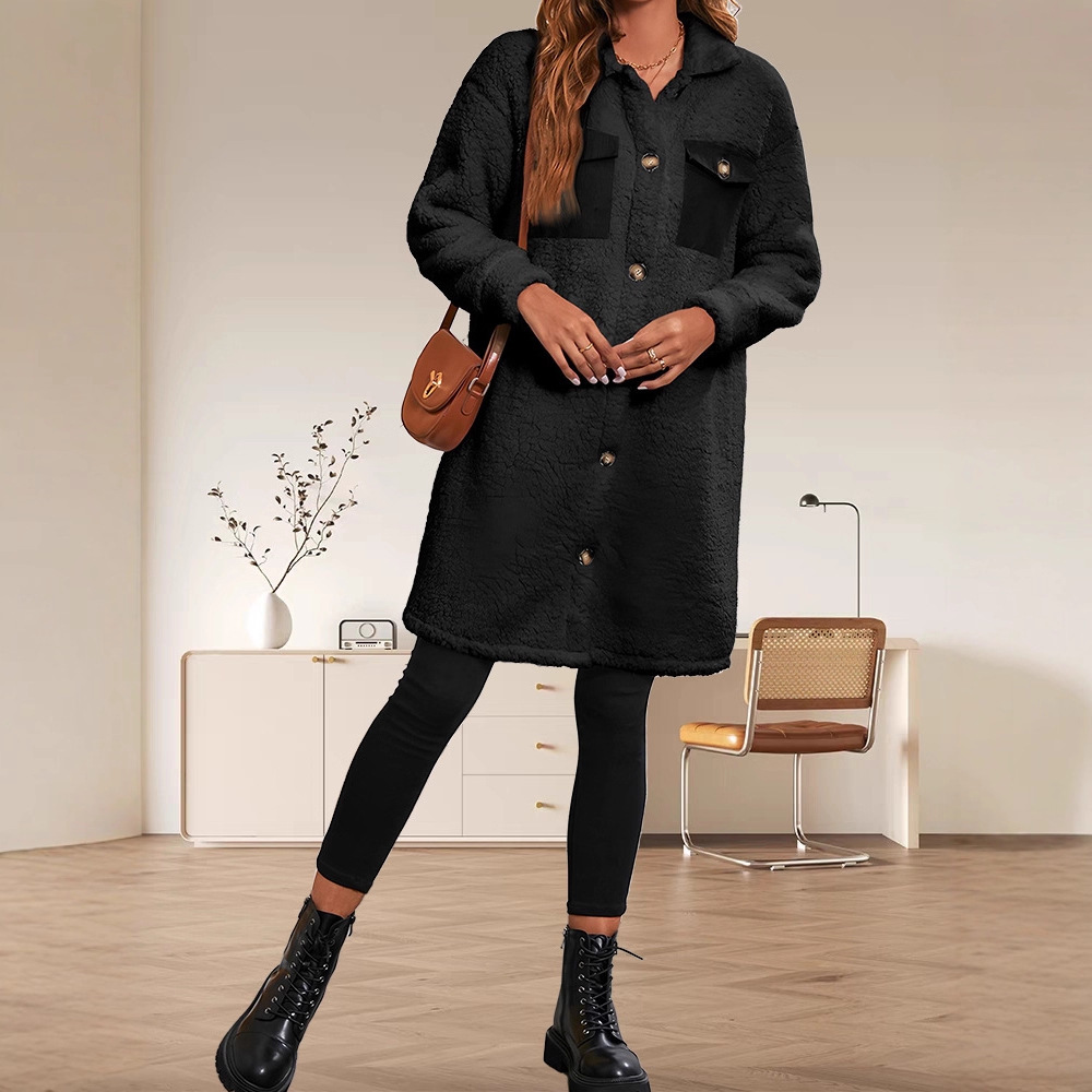 Single-Breasted Multi-Button Fleece-Lined Hoodie Coat for Women