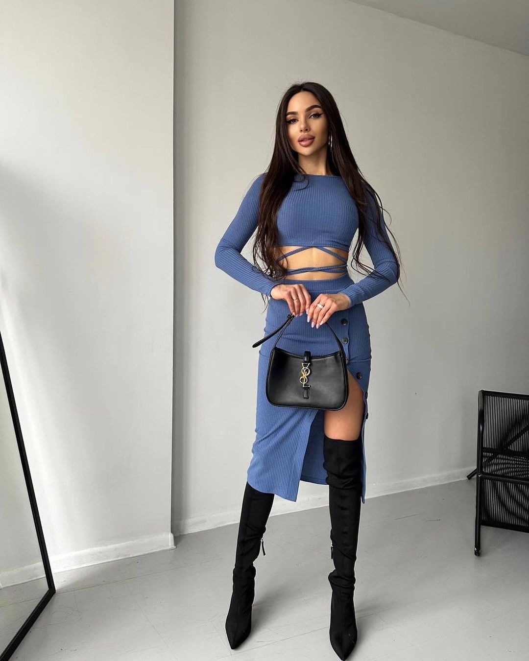 Women's Cropped Knit Two-Piece Dress Set with Slit Bodycon Midi Skirt