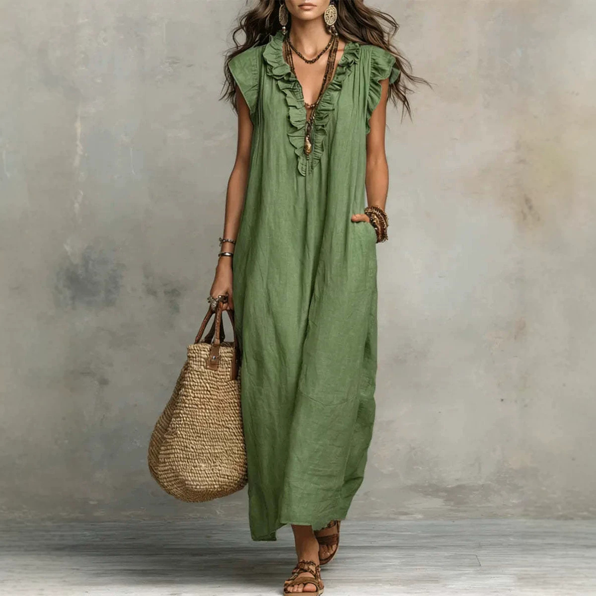 Women's Solid Ruffle Deep V-Neck Sleeveless Loose Casual Dress