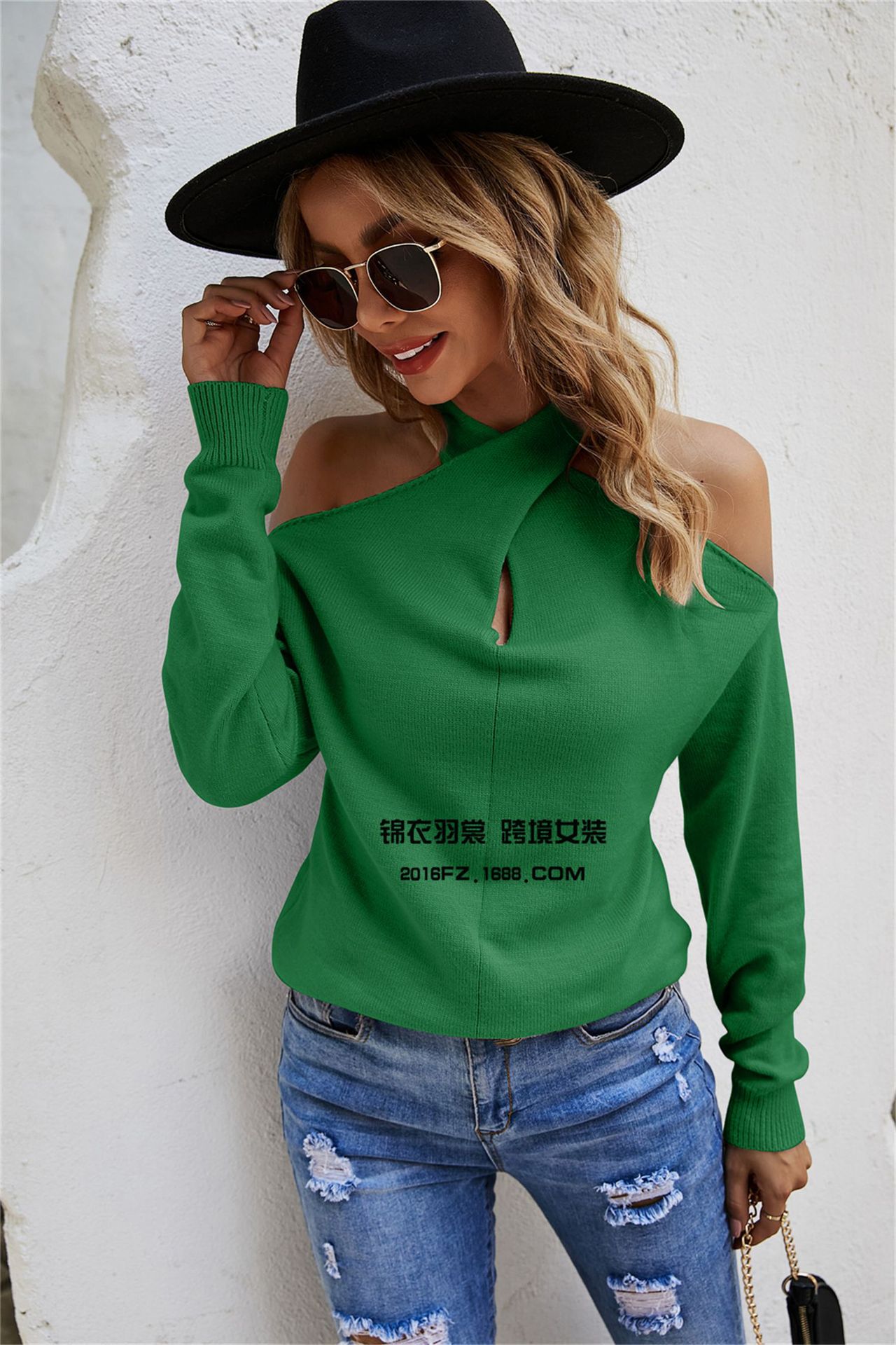 Women's Plus Size V-Neck Off-Shoulder Cross Knit Sweater