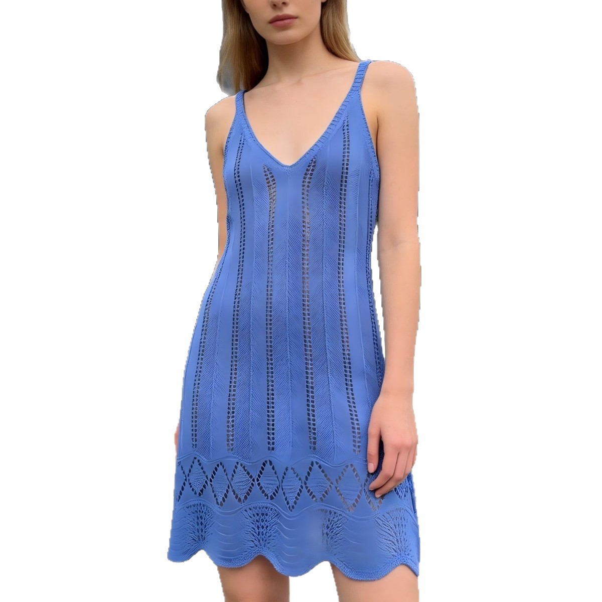 Blue Knit Cutout Sleeveless Beach Dress