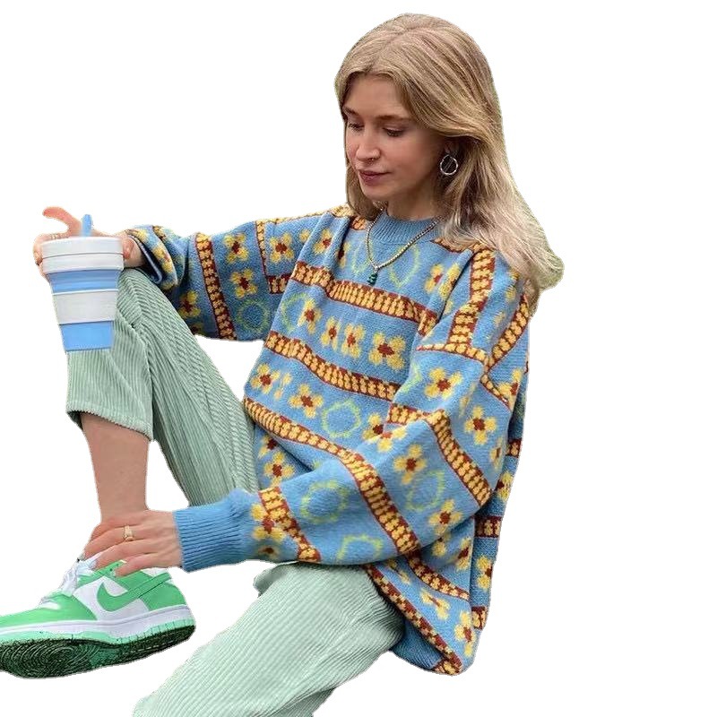 Light Blue Retro Striped Knit Top Women's Loose Long Sleeve Pullover Sweater