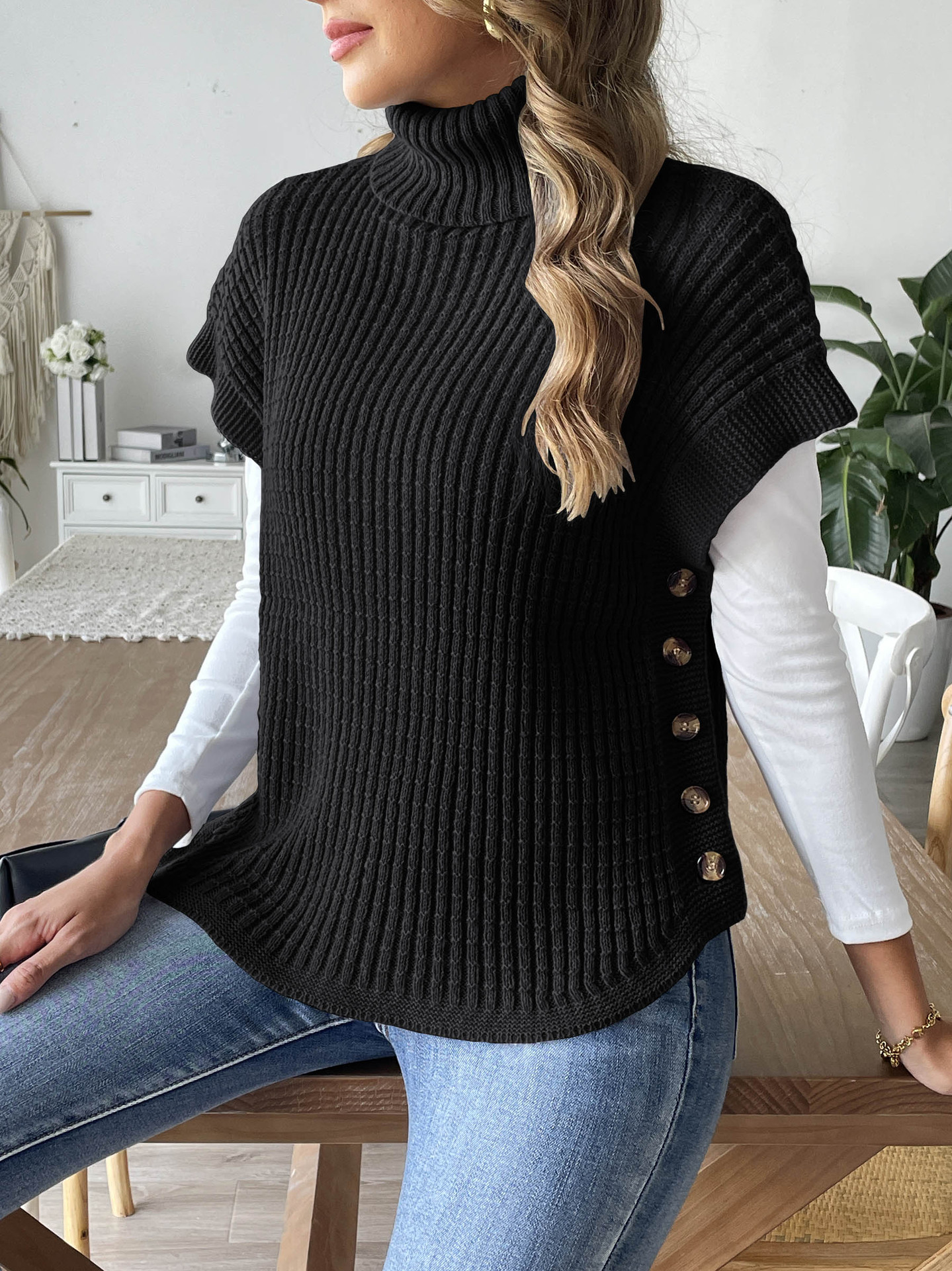 Women's High Neck Sleeveless Knit Sweater Vest with Button Accents