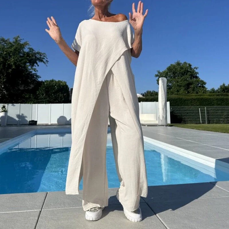 Casual Irregular Solid Color Long Short-Sleeve Top and Loose Pants Cotton-Linen Set