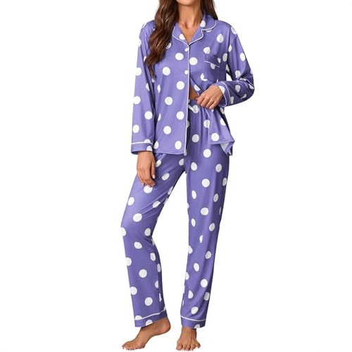 Women's Cuban Collar Polka Dot Print Long Sleeve Button Loungewear Set