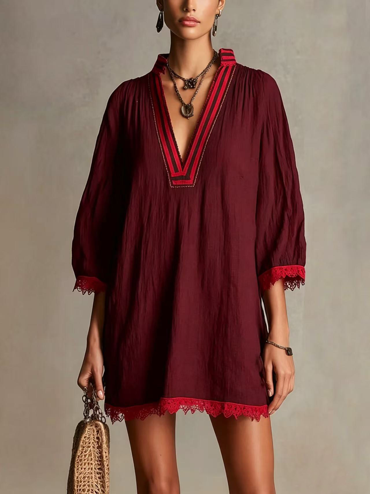 Striped V-Neck Lace Loose Straight Casual Dress