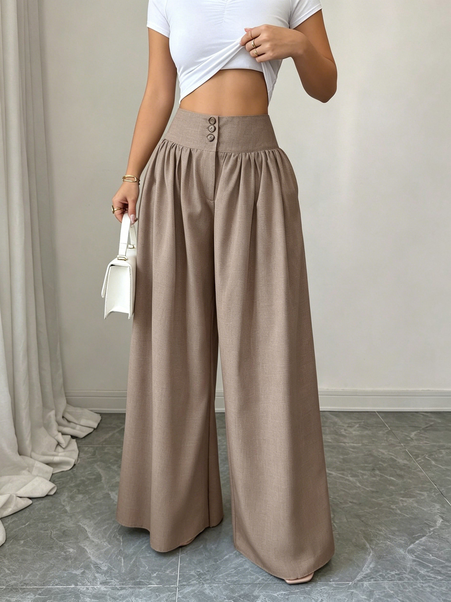High-Waist Three-Button Wide-Leg Drapey Pants