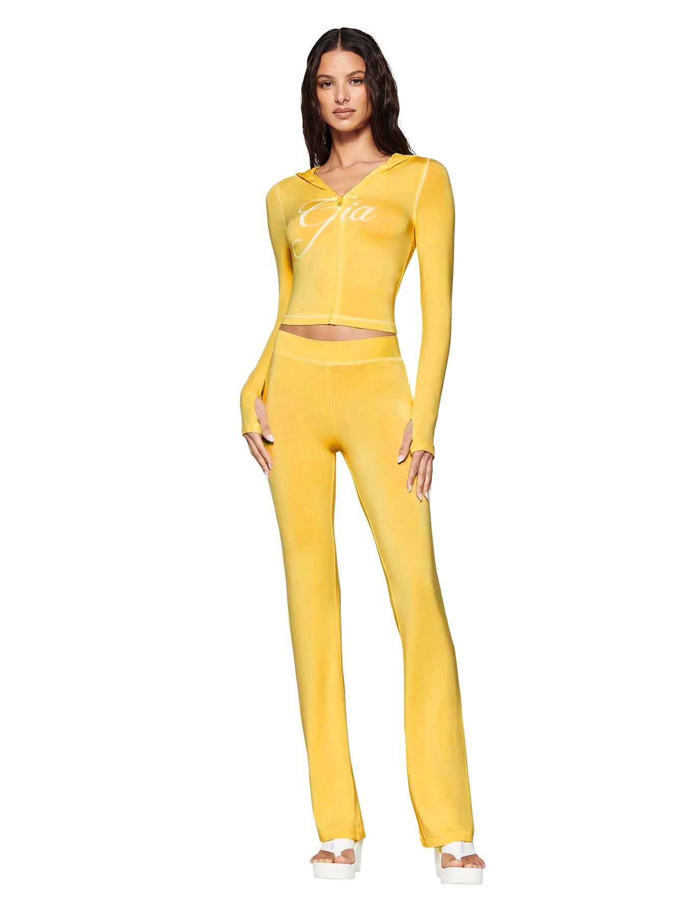 Women's Printed Hooded Long-Sleeve Thumbhole Two-Piece Set with Flared Pants
