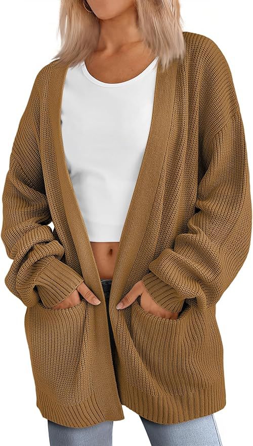 Women's Long Knit Cardigan Loose Cable Knit V-Neck Sweater Coat with Pockets