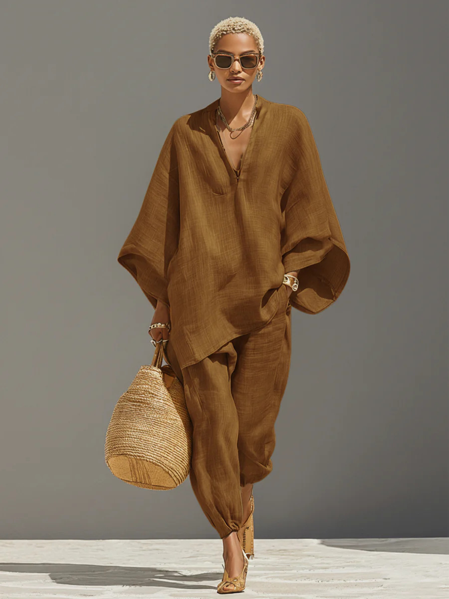 Women's Batwing Sleeve V-Neck Relaxed Two-Piece Set