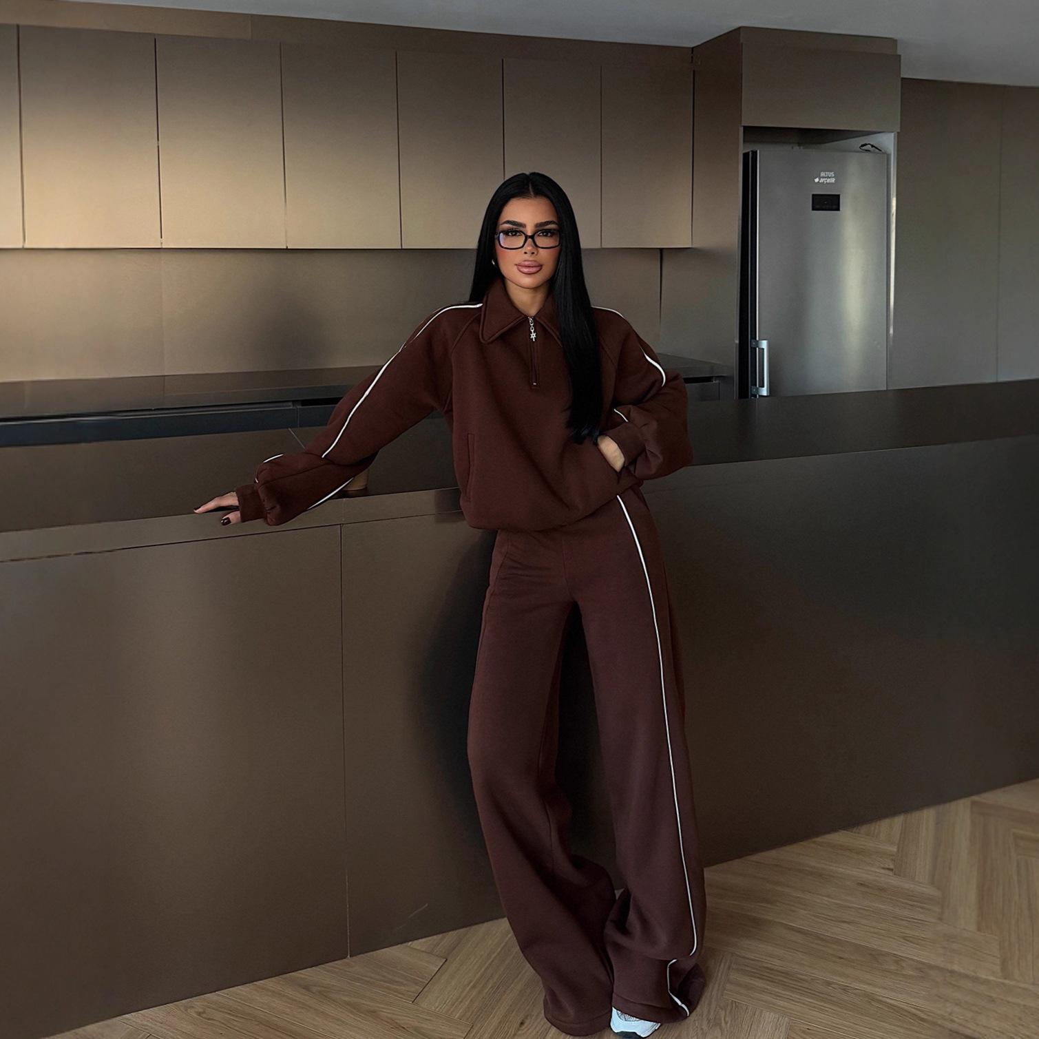 Women's Half-Button Pullover Sweatshirt and Pants Two-Piece Set
