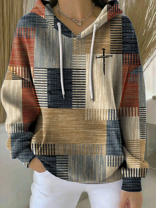Women's Plaid 3D Digital Print Hoodie Casual Sweatshirt