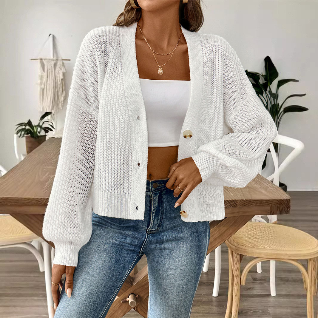 Women's Cropped V-Neck Button Cardigan Sweater