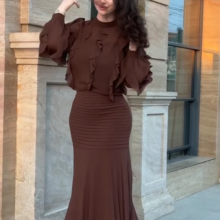 Women's Vintage Ruched Ruffled Slimming Long Dress Elegant Evening Gown