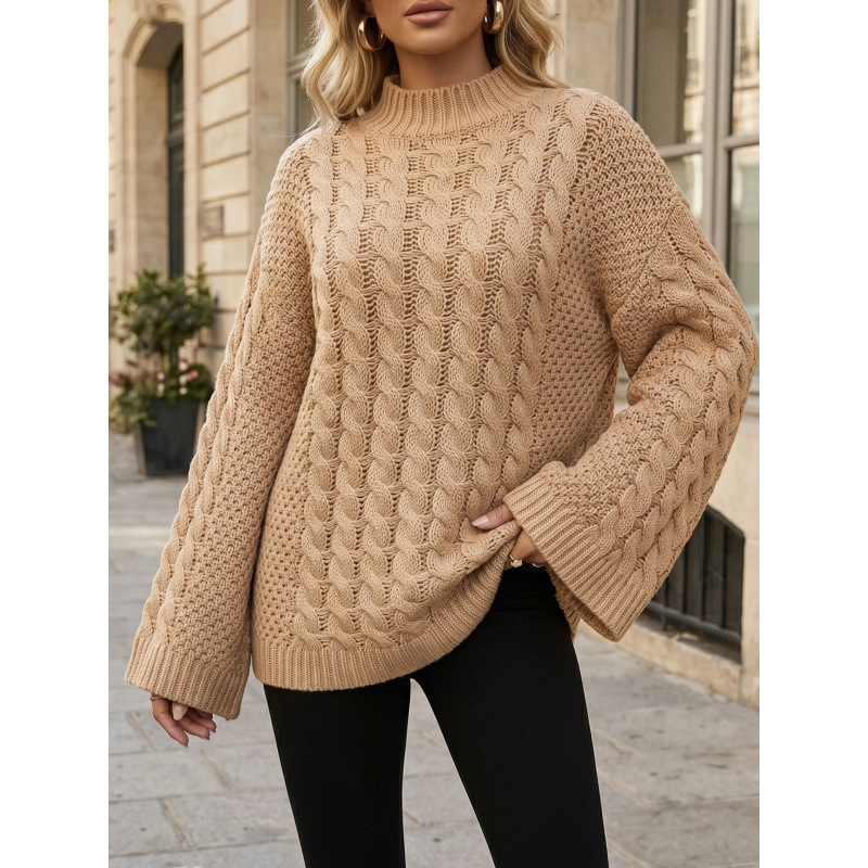 Women's Cable Knit Pullover Sweater, Chunky Loose Fit Crewneck
