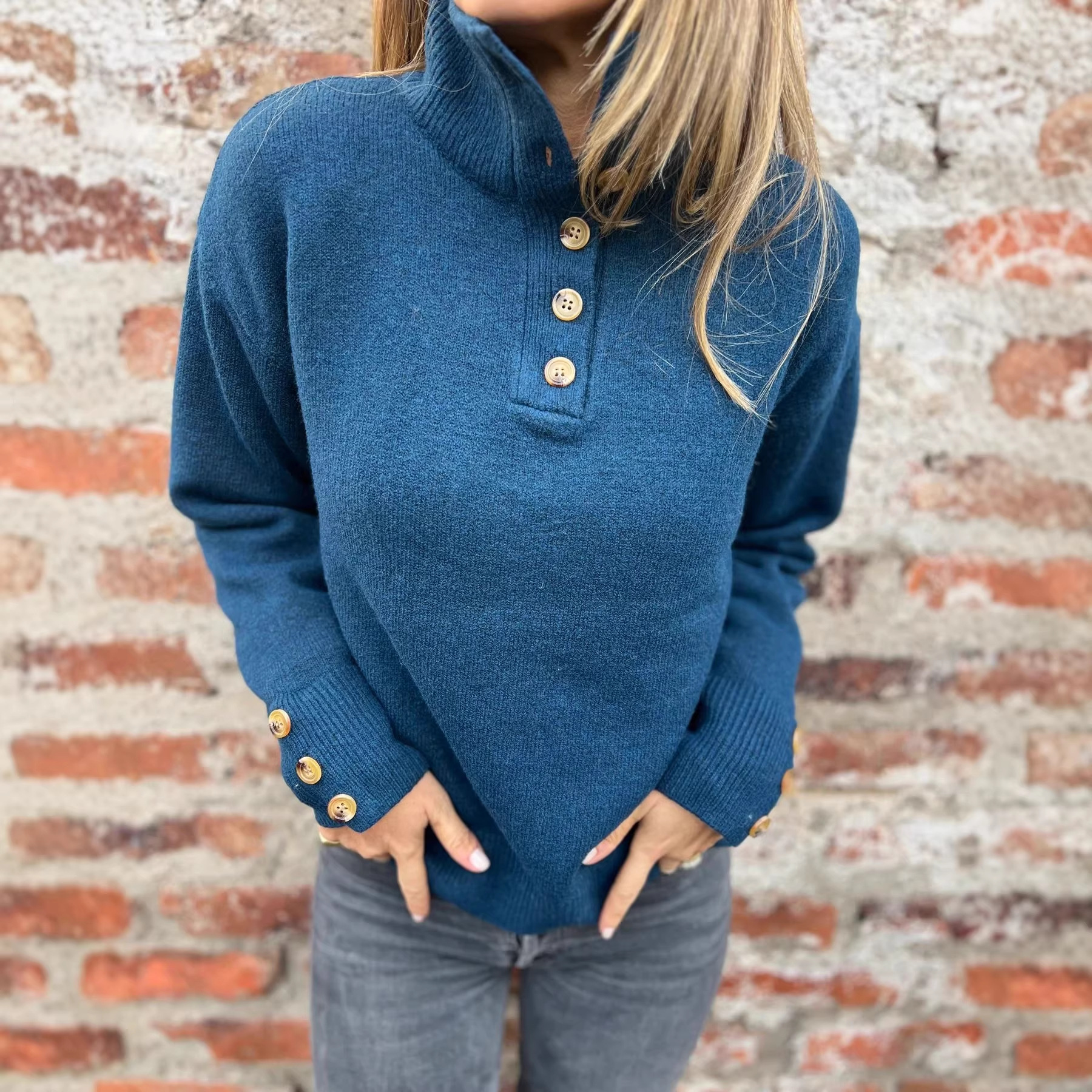 Women's Stand Collar Button Knit Sweater Solid Color Loose Fit