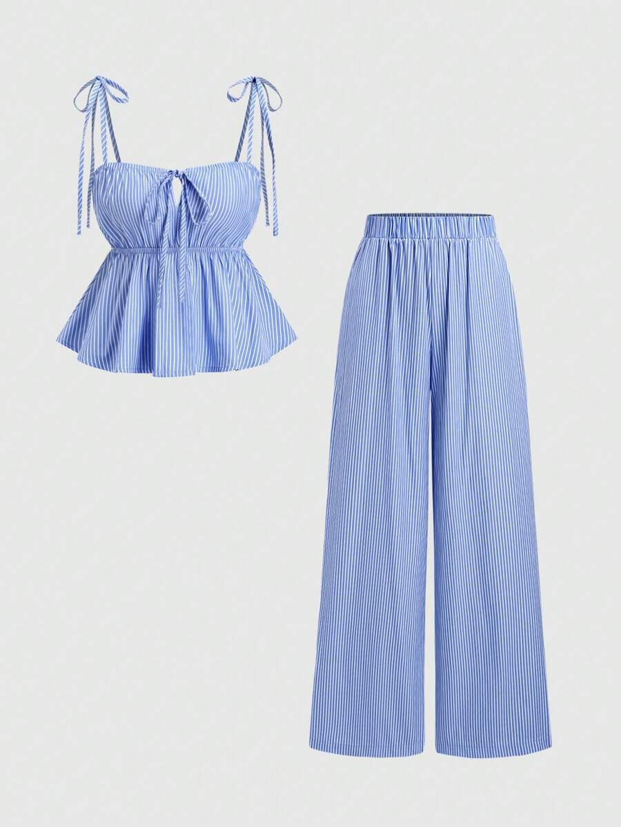 Blue Vertical Striped Wide-Leg Pants Set Women's High Waist Loose Casual