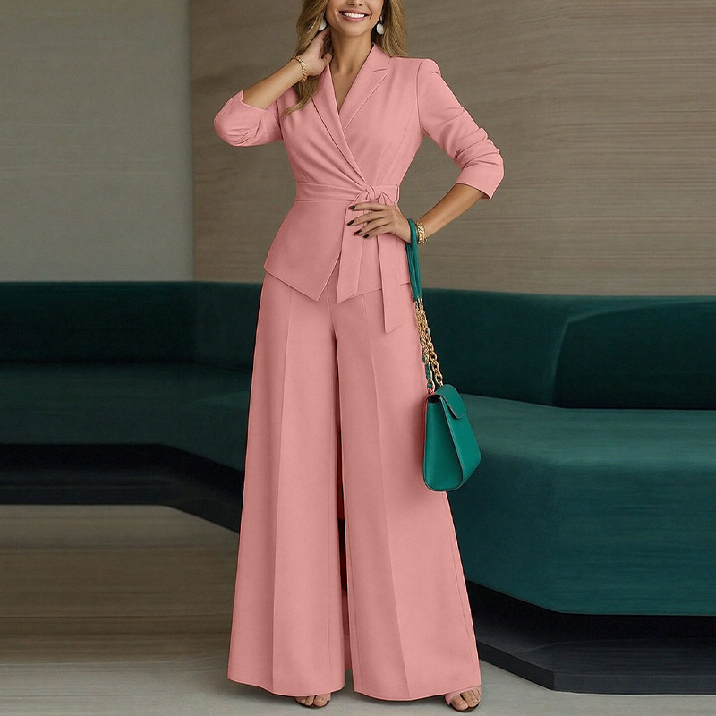 Women's Solid Color Tie Long Sleeve Wide Leg Pants Set
