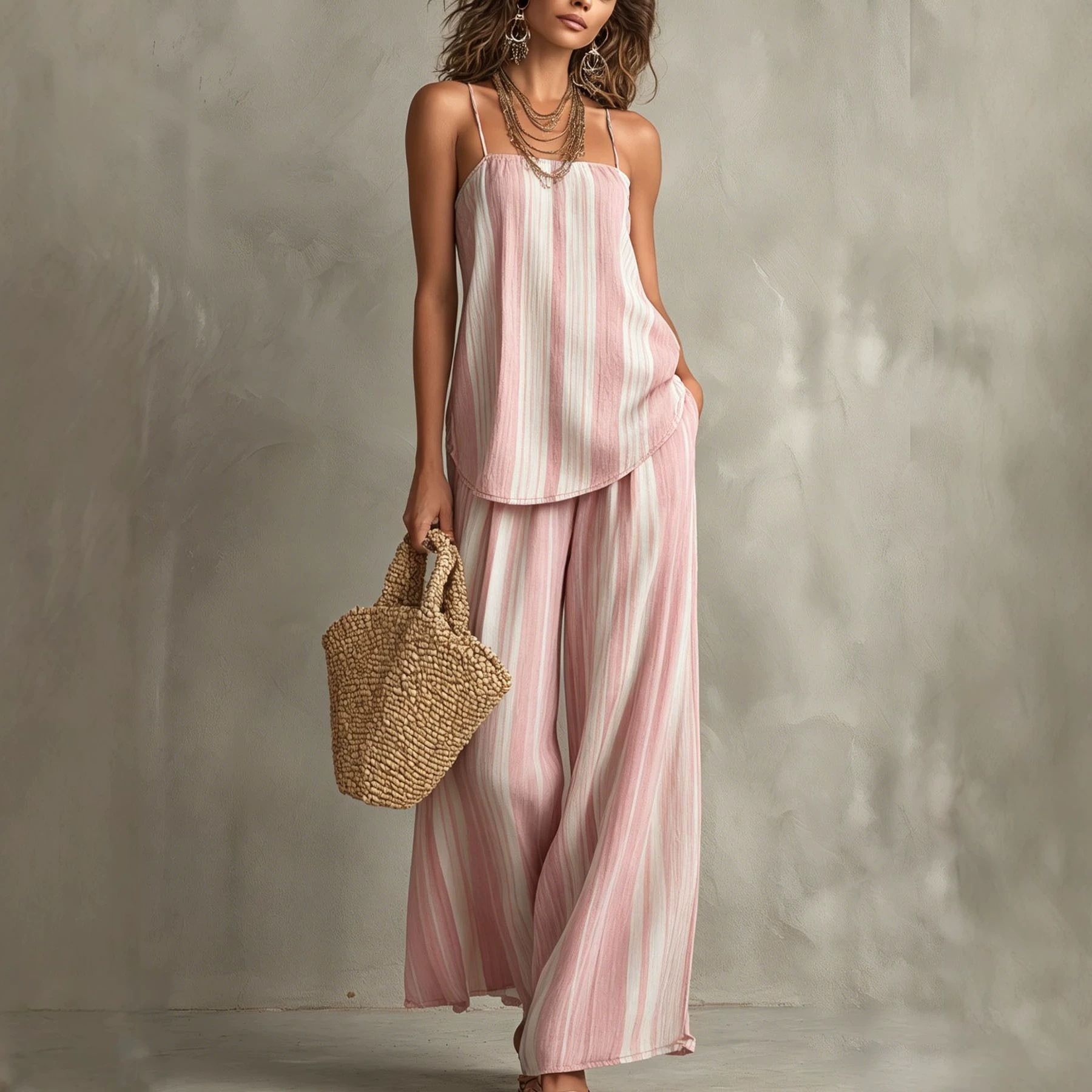 Women's Sleeveless Striped Wide-Leg Pant Two-Piece Set